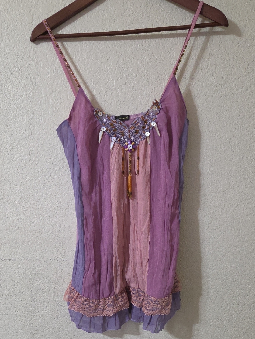 Caramel Pink and Purple Beaded Lace-Trim Camisole